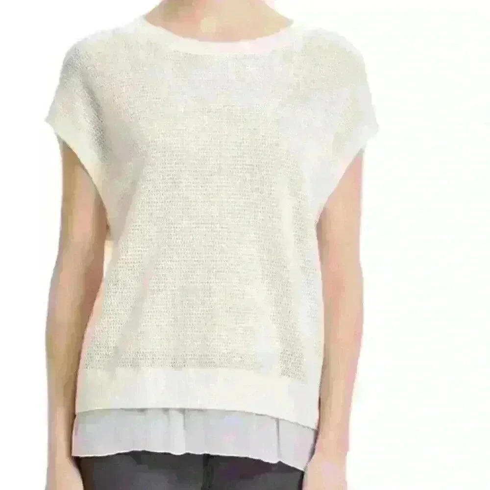 Vince Wool Cashmere Pointelle Blouse Silk Hem Size S